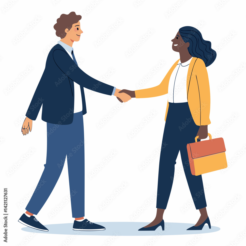 Create a bold, vector illustration of two people shaking hands, emphasizing strong outlines and a confident posture. Create a bold, vector illustration of two people shaking hands, emphasizing strong outlines and a confident posture.
