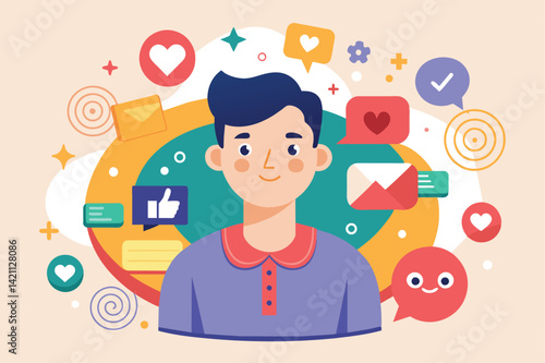 Illustration of a person surrounded by social media icons, representing engagement, communication, and digital interactions in a connected world.
