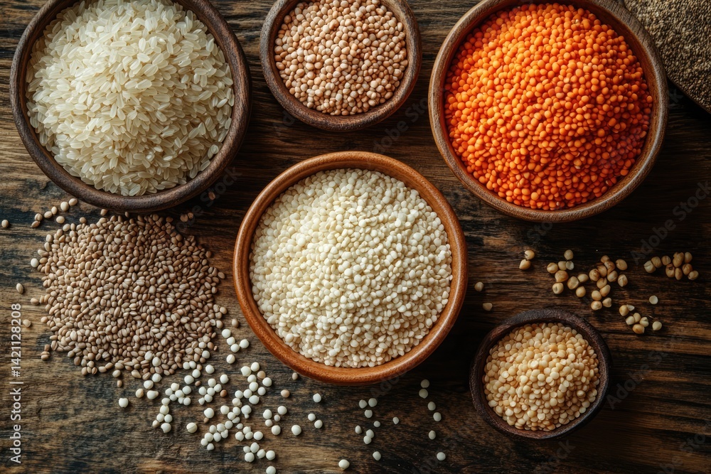 A flat lay of various grains like rice lentils and barley in small bowls on a wooden table earthy and organic A flat lay of various grains like rice lentils and barley in small bowls on a wooden table earthy and organic