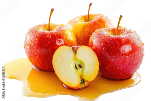 Juicy apples coated in golden syrup shown dripping slowly over a crisp white background