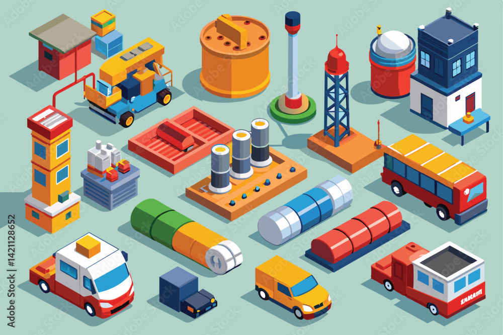 Colorful isometric illustrations featuring various industrial elements and transportation vehicles. Perfect for use in logistics, engineering, or urban planning designs. Colorful isometric illustrations featuring various industrial elements and transportation vehicles. Perfect for use in logistics, engineering, or urban planning designs.