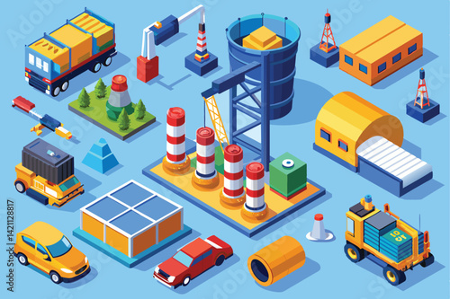 Vibrant isometric illustration depicting an industrial scene with various vehicles, buildings, and machinery, showcasing a diverse range of industrial elements and activities.