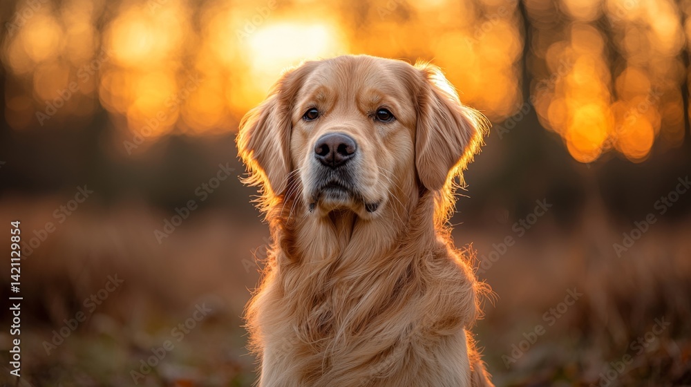 Obraz premium A golden retriever dog sitting in a field at sunset