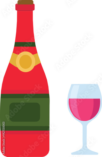 Red Champagne Bottle and Wine Glass Vector Illustration – Transparent Background