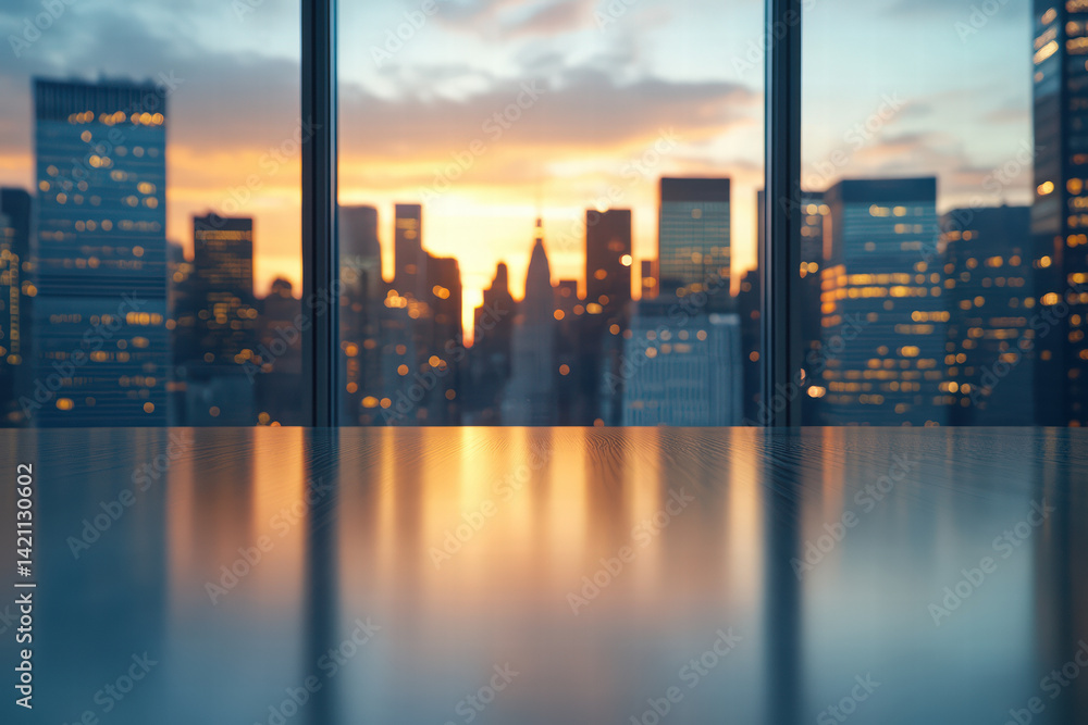 Fototapeta premium A city skyline is visible through a window