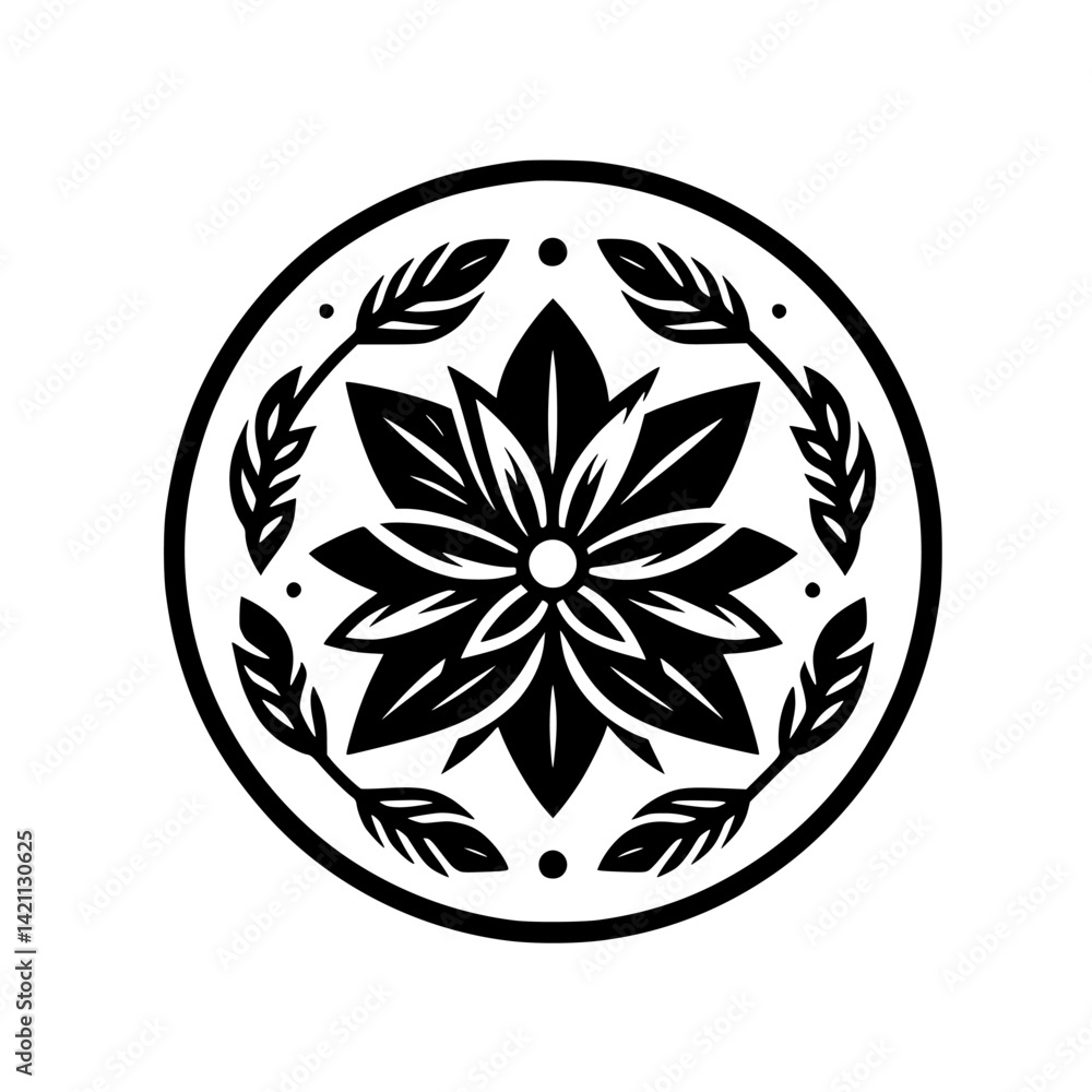 Minimalist Floral Emblem in Circle: Black & White, Modern Design Minimalist Floral Emblem in Circle: Black & White, Modern Design