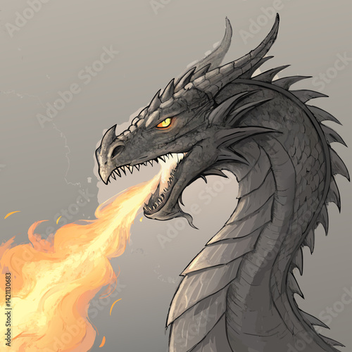 Create a detailed 2D sketch illustration of a majestic dragon majestically breathing vibrant, fiery breath.  Emphasis on dynamic pose and intricate scales.