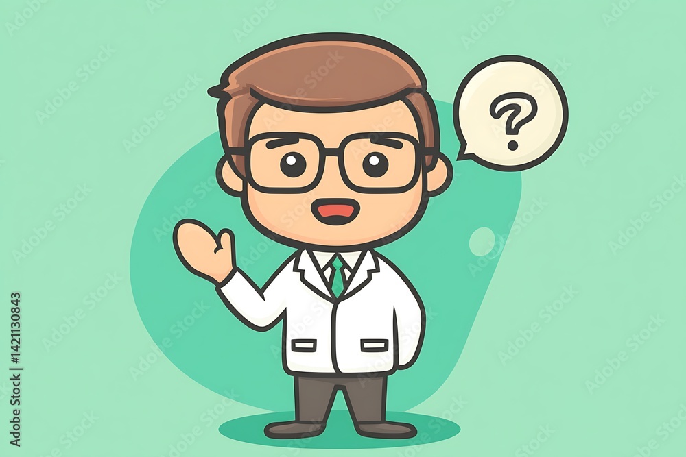 Animated Doctor Character Posing with Question Mark Speech Bubble on Green Background Animated Doctor Character Posing with Question Mark Speech Bubble on Green Background