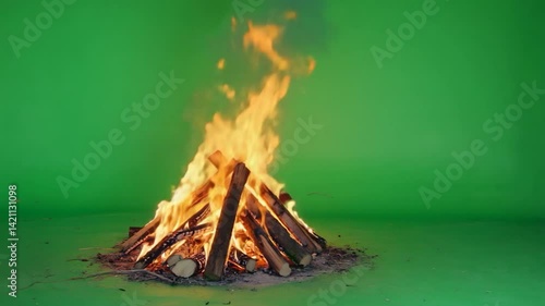 Burning campfire on green screen background for chroma keying