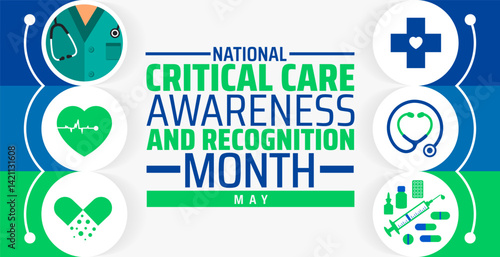 National Critical Care Awareness and Recognition Month background banner or poster design template. observed every year in May. Holiday concept. Use to any Template, card, poster, placard, template.