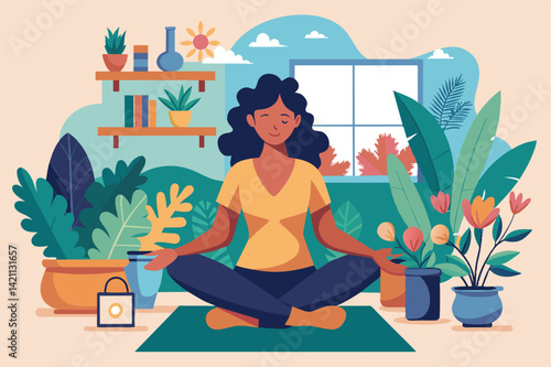 Illustration of a woman practicing meditation surrounded by various indoor plants, promoting relaxation, mindfulness, and self-care in a cozy home environment.