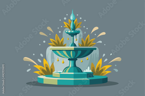 Vibrant and artistic illustration of a decorative water fountain with splashes. The design includes lush foliage, enhancing the lively and refreshing atmosphere.