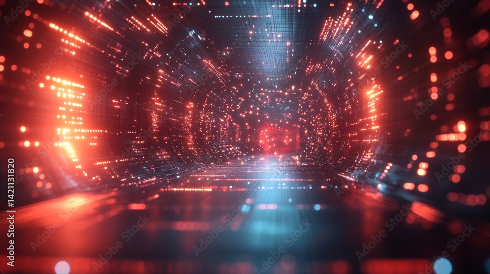 Obraz premium Illuminated Digital Tunnel with Vibrant Red and Blue Light Emitting Diodes Creating an Abstract and Futuristic Background