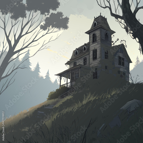 Create a 2D sketch illustration of a spooky, dilapidated haunted house perched atop a hill at night, silhouetted against a stormy sky.  Include overgrown vegetation and eerie details.