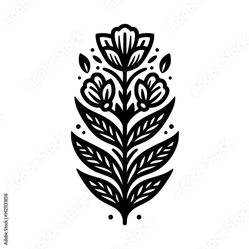 Black & White Folk Art Floral Illustration, Minimalist Design