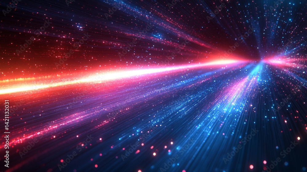 Naklejka premium Nebula Stream: A Mesmerizing Journey Through Interstellar Fiber Optics, With a Captivating Blend of Red and Blue Light Cascading Through an Infinitesimal Point