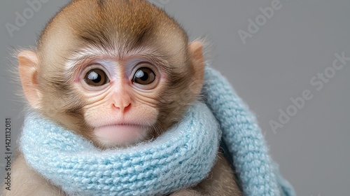 A baby monkey wrapped in a blue scarf
