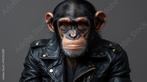 A chimpanzee wearing a leather jacket on a gray background