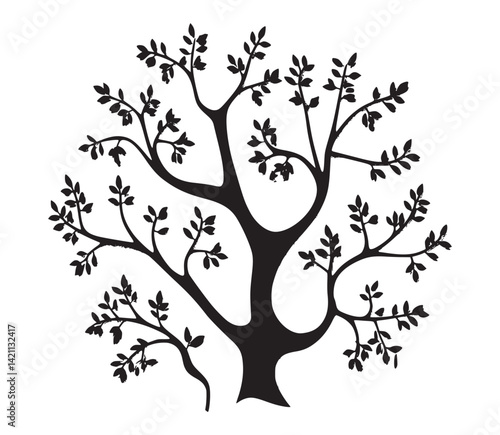 A vector illustration of black tree branches with small leaves, on a white background