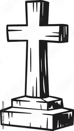 Vintage Cross Grave Marker Vector – Hand-Drawn Tombstone Illustration for Halloween and Gothic Themes