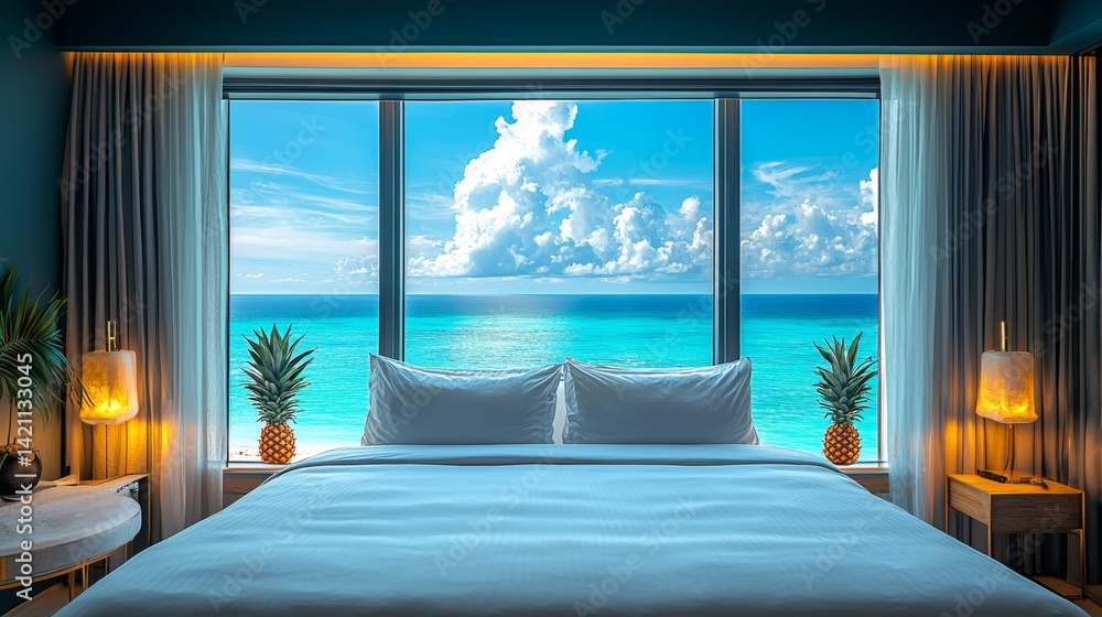 Fototapeta premium A bedroom with a view of the ocean and pineapples