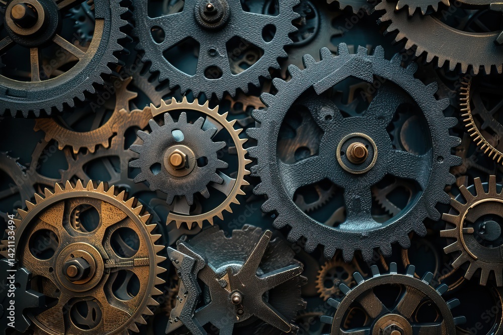 Close-up of interlocking metal gears in motion, steampunk style background Close-up of interlocking metal gears in motion, steampunk style background