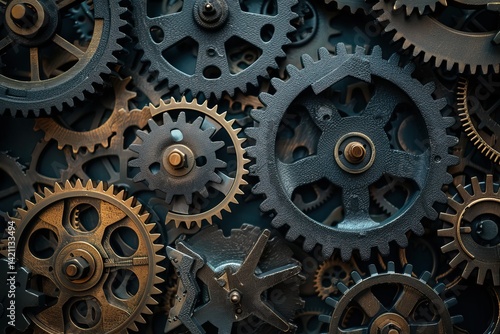 Close-up of interlocking metal gears in motion, steampunk style background