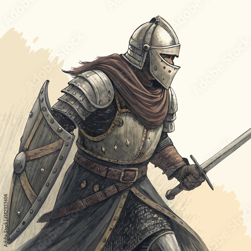 Create a detailed 2D sketch illustration of a medieval knight's arm, showcasing armor, musculature, and potential battle damage.  Focus on realistic textures and shading.