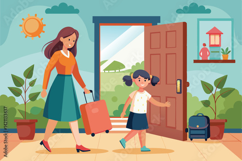 Illustration of a mother and daughter happily departing their house with luggage, suggesting a family travel adventure. Vibrant and cheerful atmosphere.