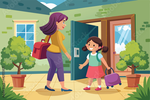 A girl and her mother return home with smiling face and some bags