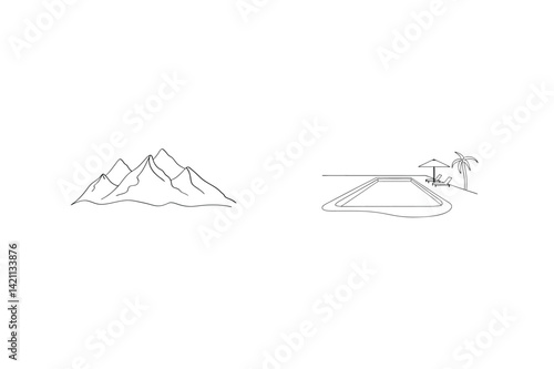 Minimalist Line Art Depicting Mountain Landscape And Tropical Poolside Retreat