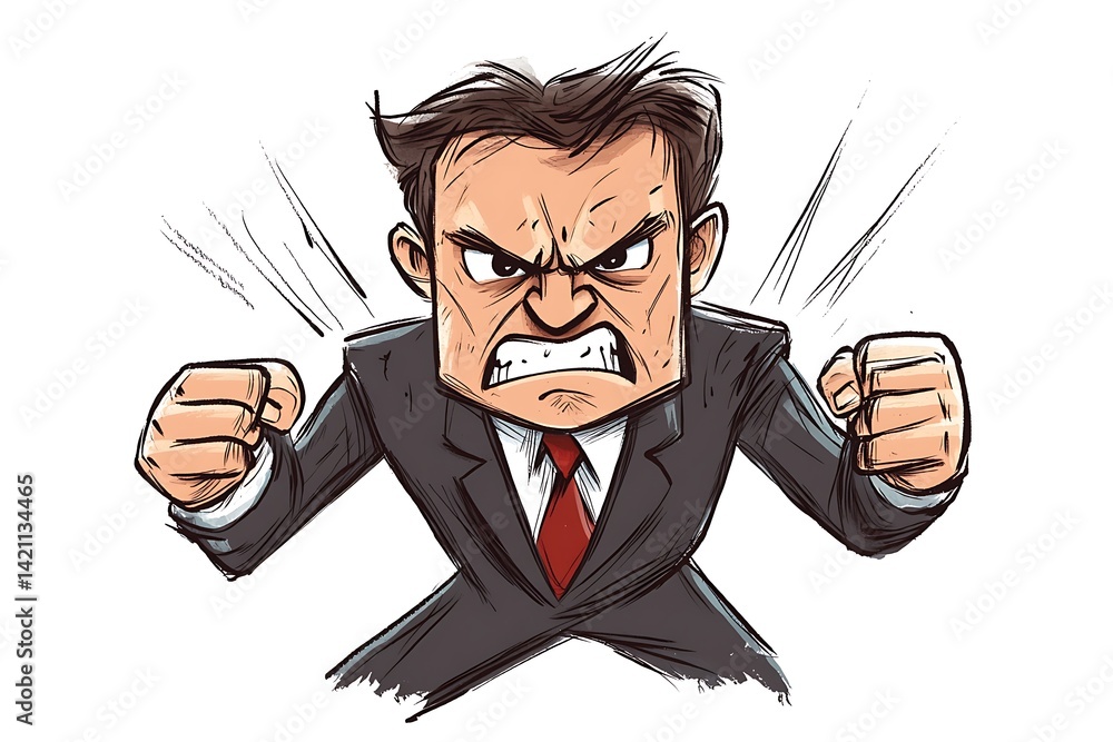 Cartoon Of A Furious Businessman In A Dark Suit With Intense Anger On White Background Cartoon Of A Furious Businessman In A Dark Suit With Intense Anger On White Background