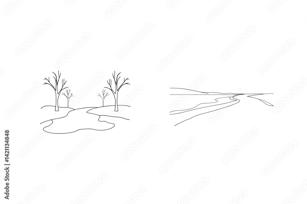 Fototapeta premium Minimalist Line Art Landscapes With Trees And River Outlines Drawing Vector Set