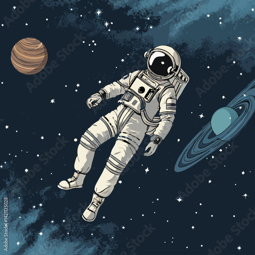 Create a detailed 2D sketch illustration of a lone astronaut floating weightlessly in the inky blackness of space,  showing a sense of isolation and wonder.