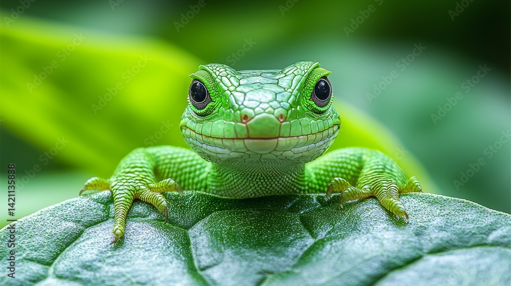 A green gecko sitting on top of a green leaf A green gecko sitting on top of a green leaf