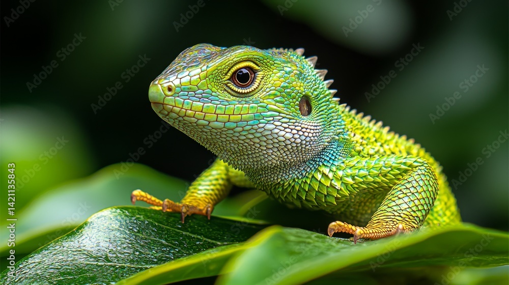Fototapeta premium A green lizard sitting on top of a green leaf
