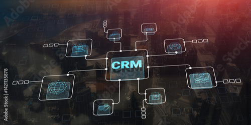 CRM. Customer Relationship Management on modern city background