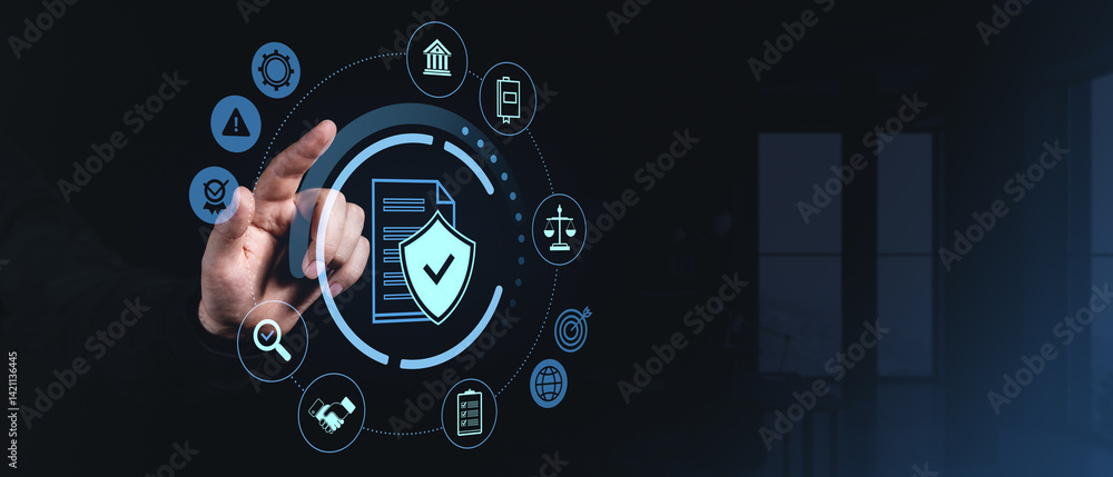 Data protection and compliance concept with hand interacting with digital icons. Data protection and compliance concept with hand interacting with digital icons.