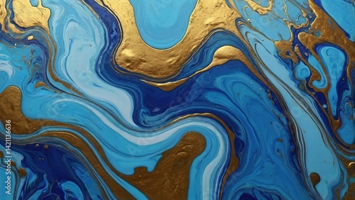 Abstract blue art with swirling liquid textures and a wave of yellow color design