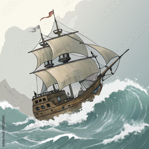 Create a detailed 2D sketch illustration of a weathered pirate ship battling rough seas, emphasizing dramatic waves and tattered sails.