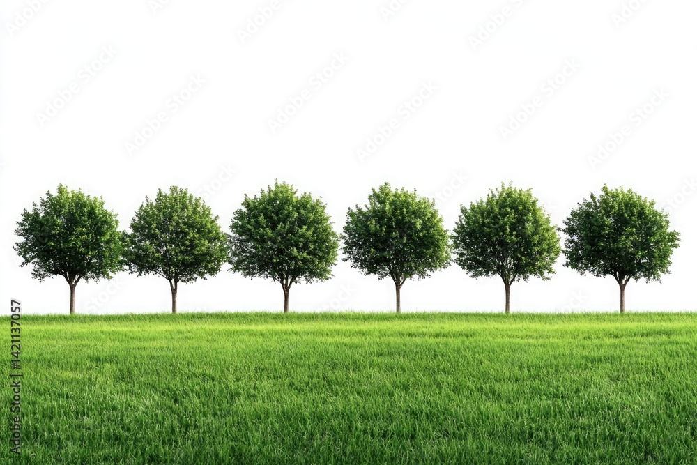Obraz premium Row of lush green trees on a vibrant grassy landscape isolate on white backgrounds