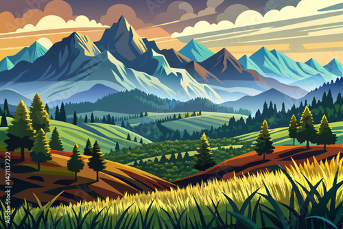 Amazing landscape vector cartoon of mountains, forests, fields and meadows. Stunning panoramic farm landscape with mountains in the background. Natural landscape