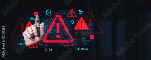 Fotografie Cybersecurity warning system interface with alert symbols and data visualization on dark technology background with creative futuristic design