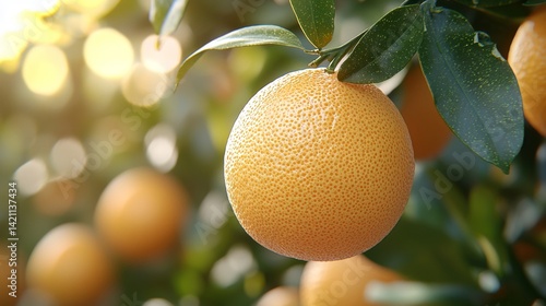 A bunch of ripe oranges hanging from a tree