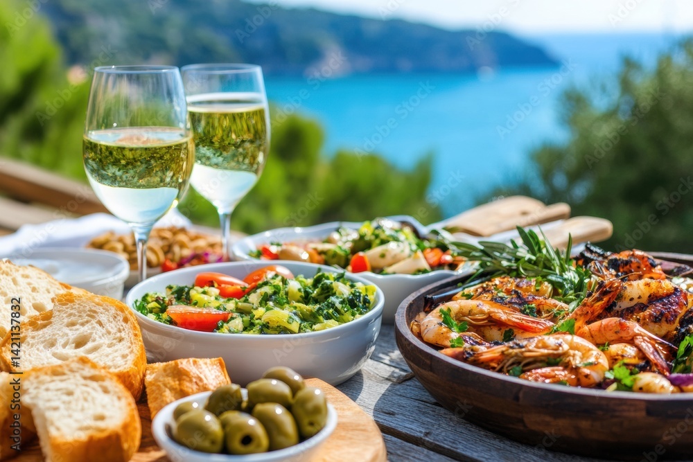 A table set with delicious Mediterranean dishes, including shrimp and olives, in front of the blue sea on a sunny day at a nice summer location. Close-up photo for a menu or travel magazine. A table set with delicious Mediterranean dishes, including shrimp and olives, in front of the blue sea on a sunny day at a nice summer location. Close-up photo for a menu or travel magazine.