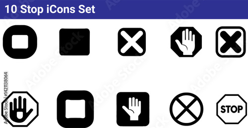 10 Simple Stop Icons Set - Vector Graphics for UI & Web
Stop Sign, Hand & X Mark Icon Pack - Downloadable Graphics (Set of 10)
Versatile Stop & Prohibition Symbol Collection - 10 Essential Icons