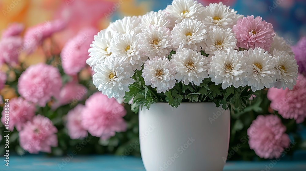 A white vase filled with white and pink flowers on a table A white vase filled with white and pink flowers on a table