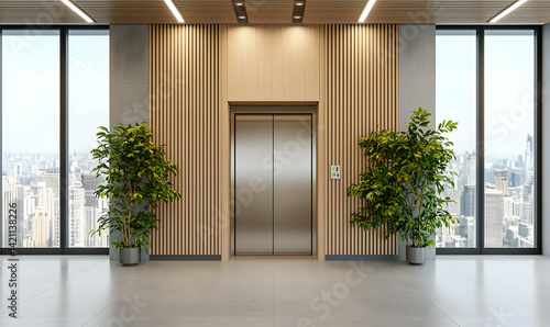 Modern Elevator Interior with City View and Indoor Plants