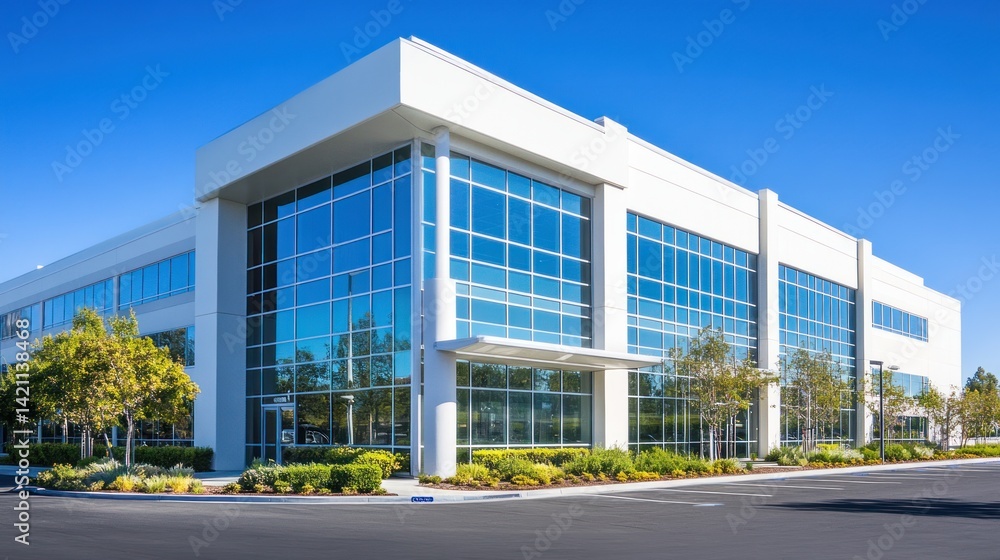 Modern white office building with glass facade, clear blue sky, landscaping. Modern white office building with glass facade, clear blue sky, landscaping.