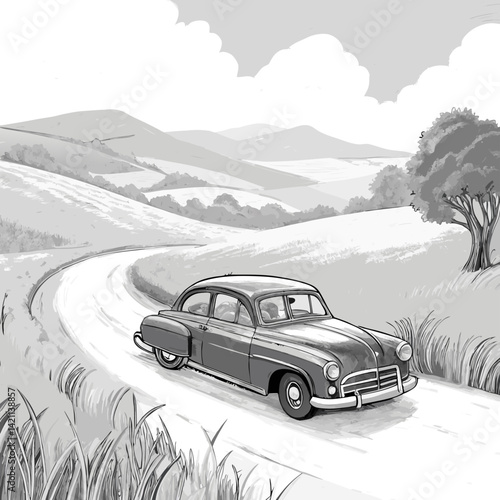 Detailed 2D sketch illustration of a vintage car, meticulously rendered, parked on a picturesque countryside count.  Show details like tires, headlights, and bodywork.